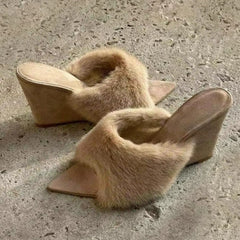 Plush Slippers French Pointed Open-toed Fluffy Slippers Home Outdoors Wedge Shoes Heels Highquality