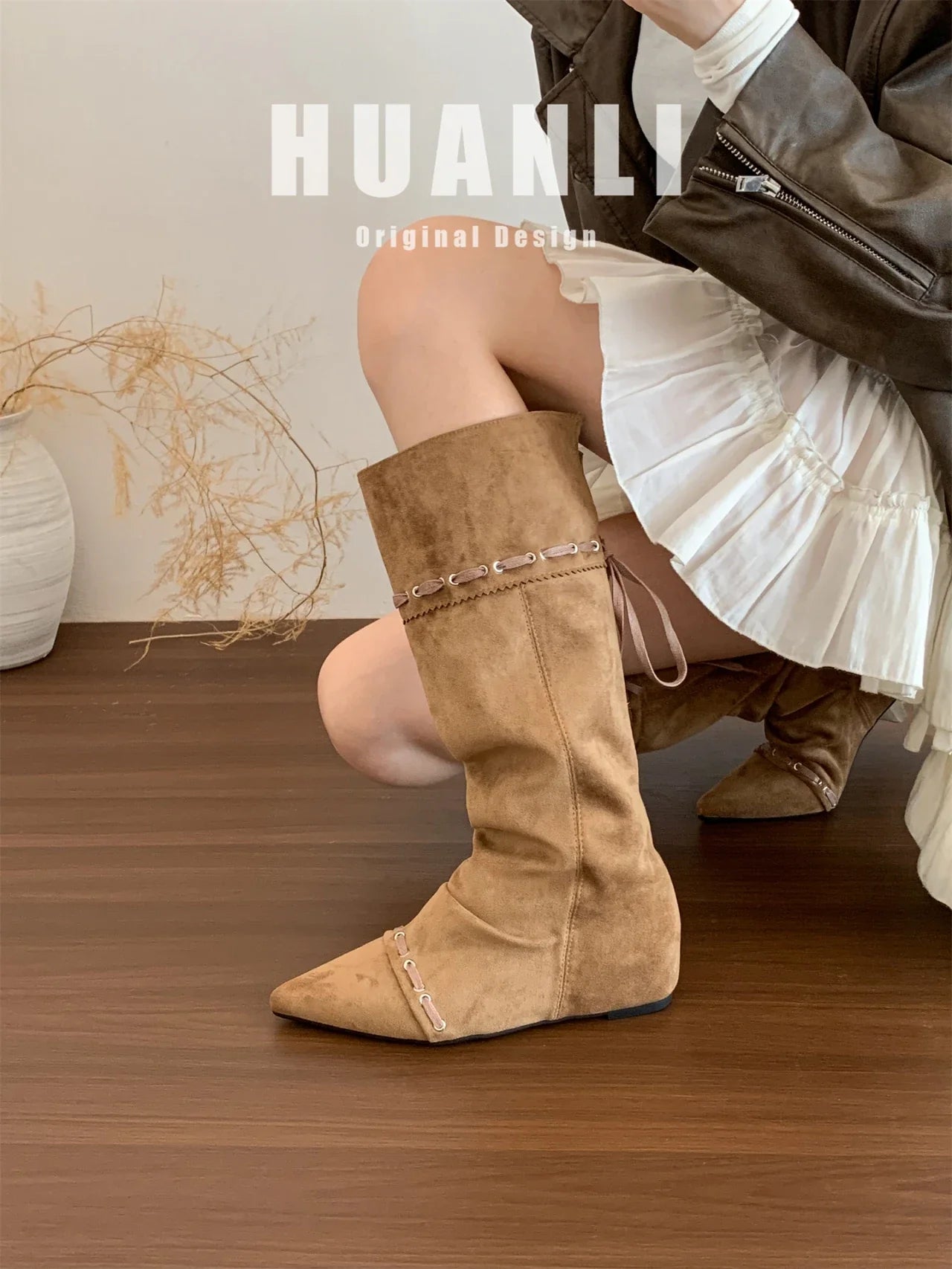 Knee High Boots Pointed Toe Flats Shoes Suede Chelsea Boots Walking Mujer Botas