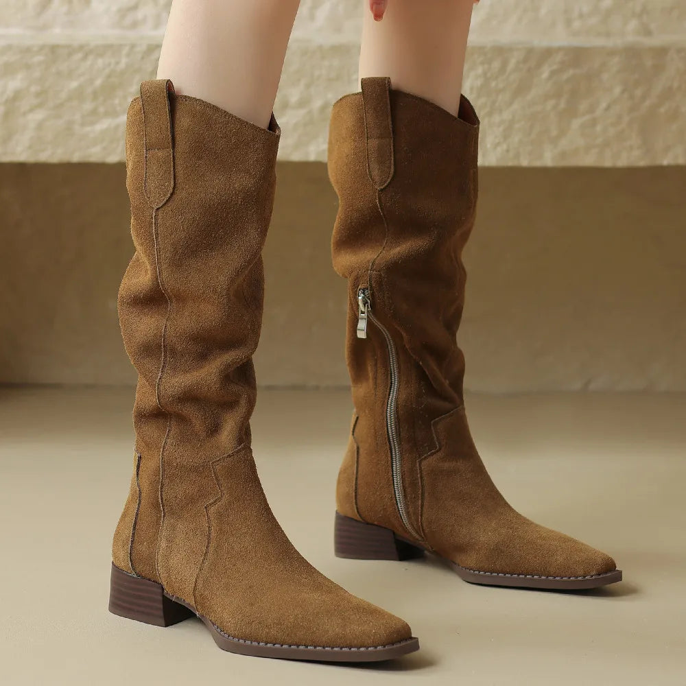 Natural Suede Leather Square Toe Side Zip Knee High Western Boots Casual Long Boots Shoes