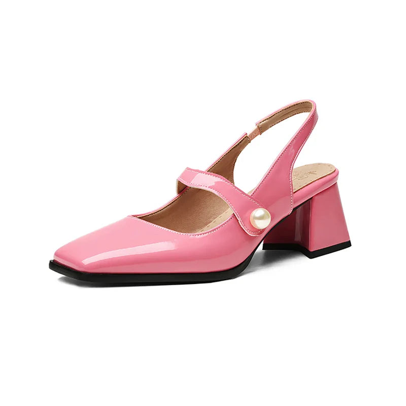 Slingback Sandals Square Toe Patent Leather Block High Heeled Mary Jane Shoes Gold Silver