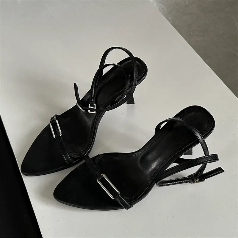 Hollow Out Sandals Pointed Toe Thin High Heels Wedding Shoes Ankle Buckle Strap Pumps