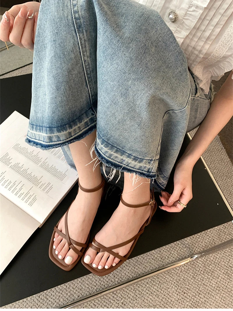 Gladiator Elegant Narrow Band Clip Toe Shoes Comfort Flats Beach Sandalias