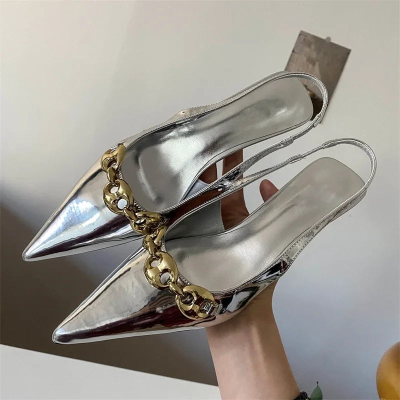 Elegant Metal Decoration Pointed Toe Thin Low Heels Sandals Casual Dress Mules Shoes