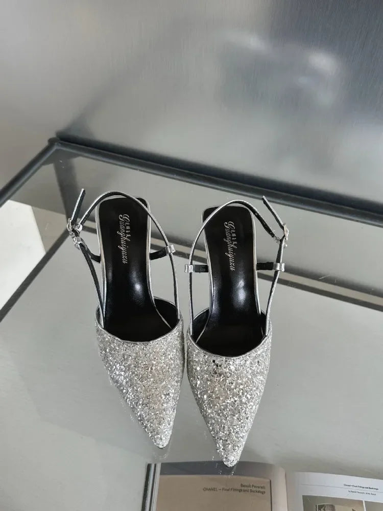 Bling Design Mules Sandals Pointed Toe Thin High Heels Back Strap Banquet Pums