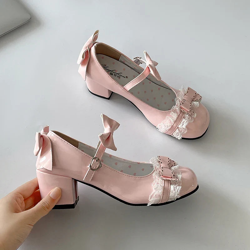 Cute Lace JK Mary Jane Shoes Butterfly-knot Leather Shoes Outdoor Party Dress Pumps