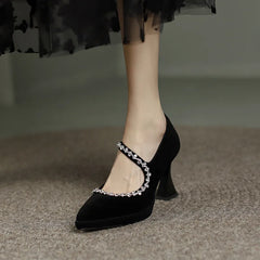 Pointed Toe Shallow Mouth Pumps Shoes Thick Heel Black Simple Work Shoes