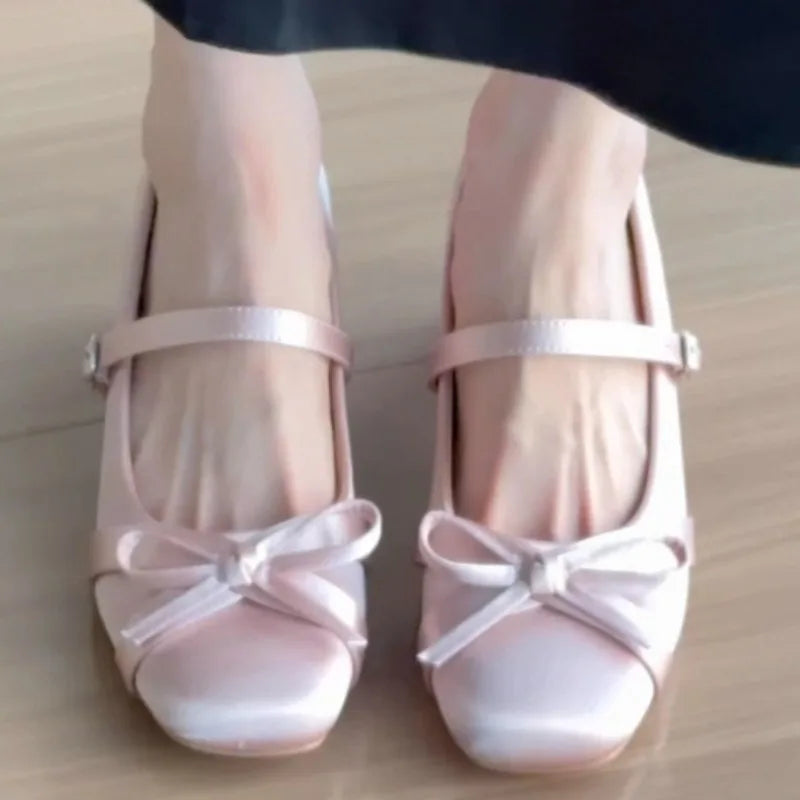 French Bow Thick Heel Single Buckle Mary Jane Shoes