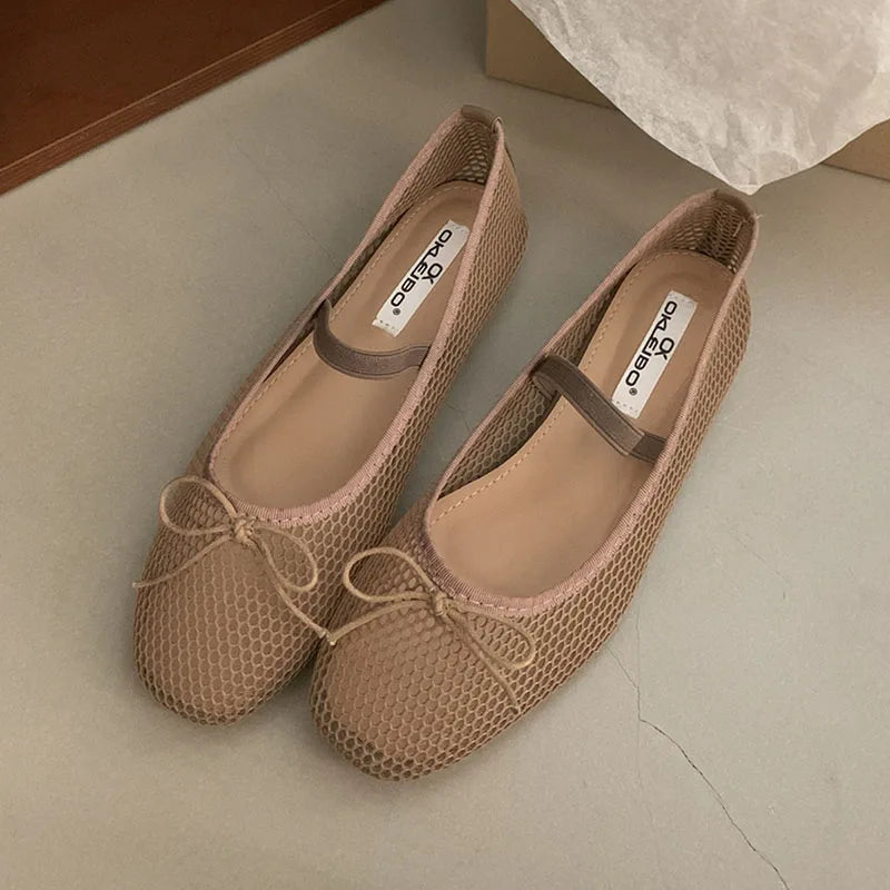 Mesh Breathable Mary Janes Flats Shoes Butterfly-Knot Footwear Ballet Flats Dance Shoes