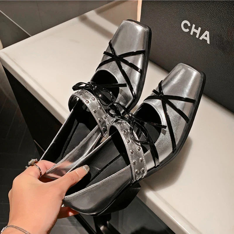 Rivet Platform Mary Jane Shoes Square Toe Pumps Cross Strap Bow Chunky Shoes