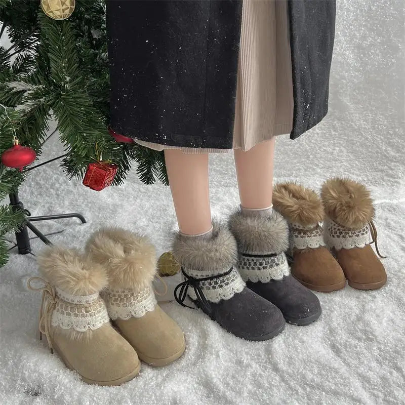 Sweet Lace Decoration Furry Suede Snow Boots Thick Bottom Fluffy Fur Ankle Boots Warm Plush Shoes