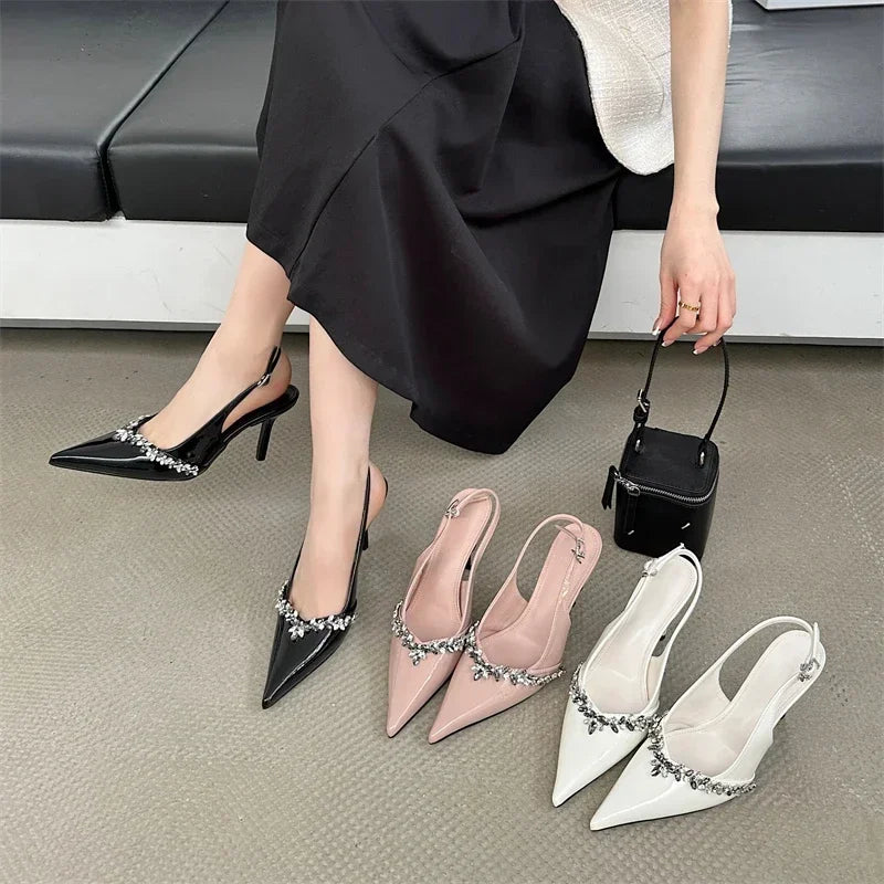Rhinestone Buckle Strap Pointed Toe Thin High Heels Slingbacks Heels Sandals Party Prom Shoes