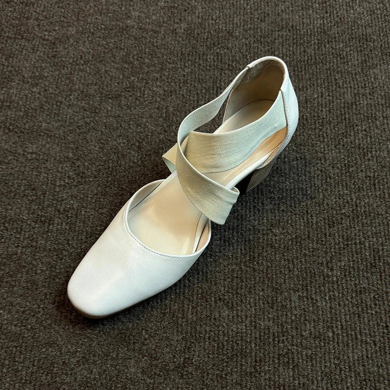 Women'sShoes Square Toe Thick Middle Heel Cross Elastic Cowhide Color Office Shallow Single Shoes