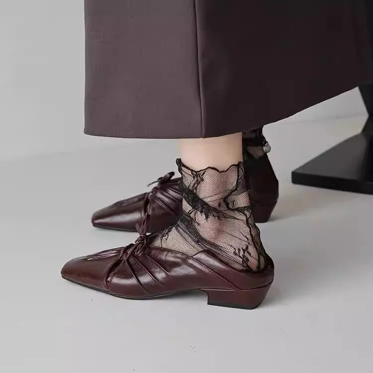 Pleated Hollow Mary Jane Style Shoes with Bow Design Flat Shoes Square Toe Casual Comfortable Outdoors Shoes Fashion