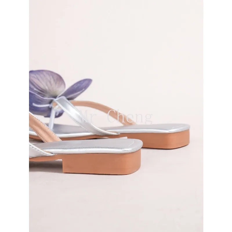 Brand Shoes Elegant Flowers Design Slippers Casual Outer Wear High Heel Slides
