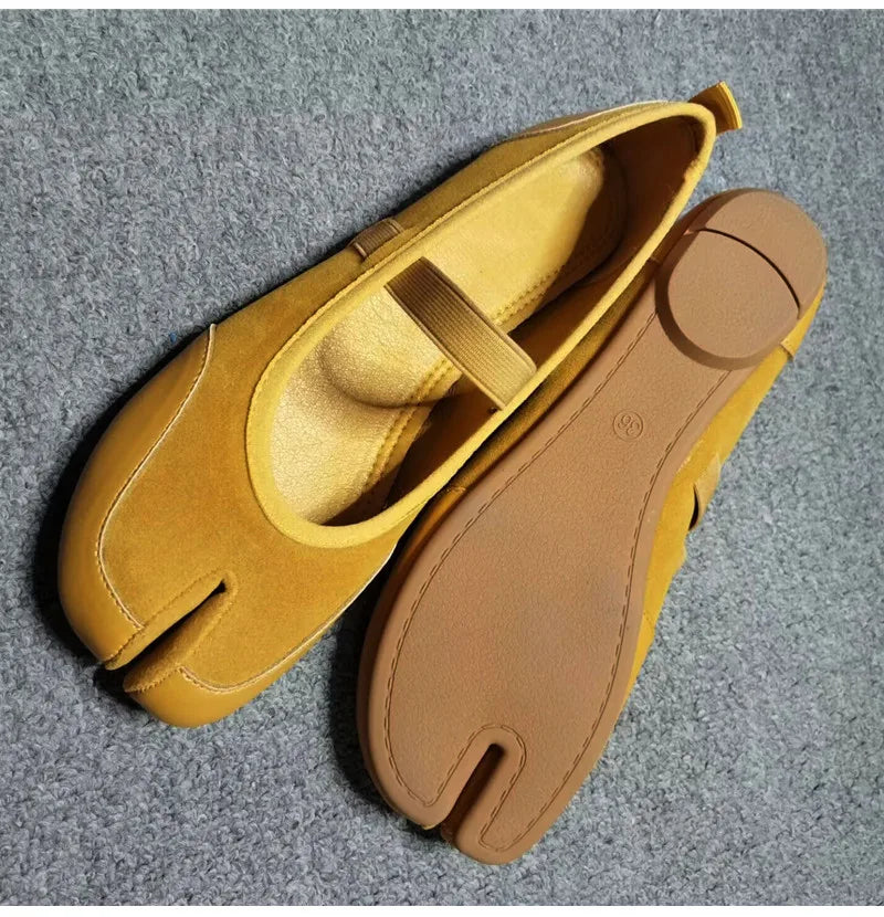 Split toe Faux suede Patchwork Tabi Ballet Flats Mary Janes Walking Loafers Casual Girls Dance Shoes