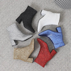 Big Size 48 49 50 Gold Silver Blue Sequined Cloth Glitter Shoes Chunky High Heels Bling Party Ankle Chelsea Boots