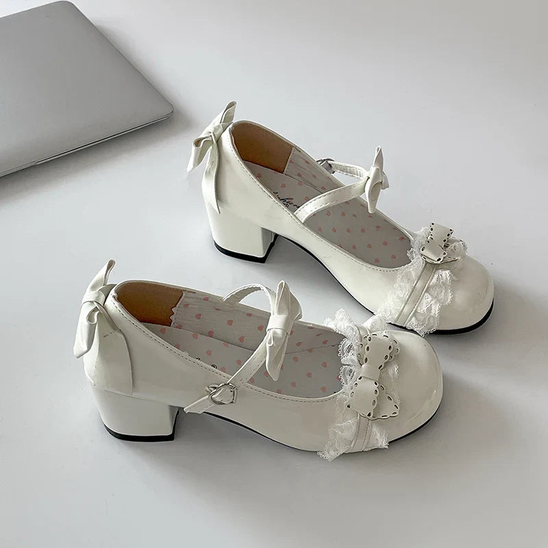 Cute Lace JK Mary Jane Shoes Butterfly-knot Leather Shoes Outdoor Party Dress Pumps
