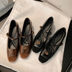 Simple Flower Mary Jane Shoes Round Head One Strap Vintage Metal Buckle Casual Office Square Heel Flat Shoes
