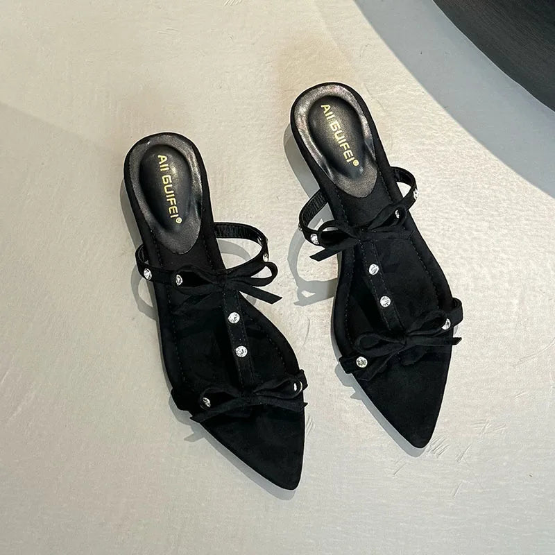 Footwear Pointed Toe Wedges Slippers Slides Butterfly-Knot Heeled Sandals