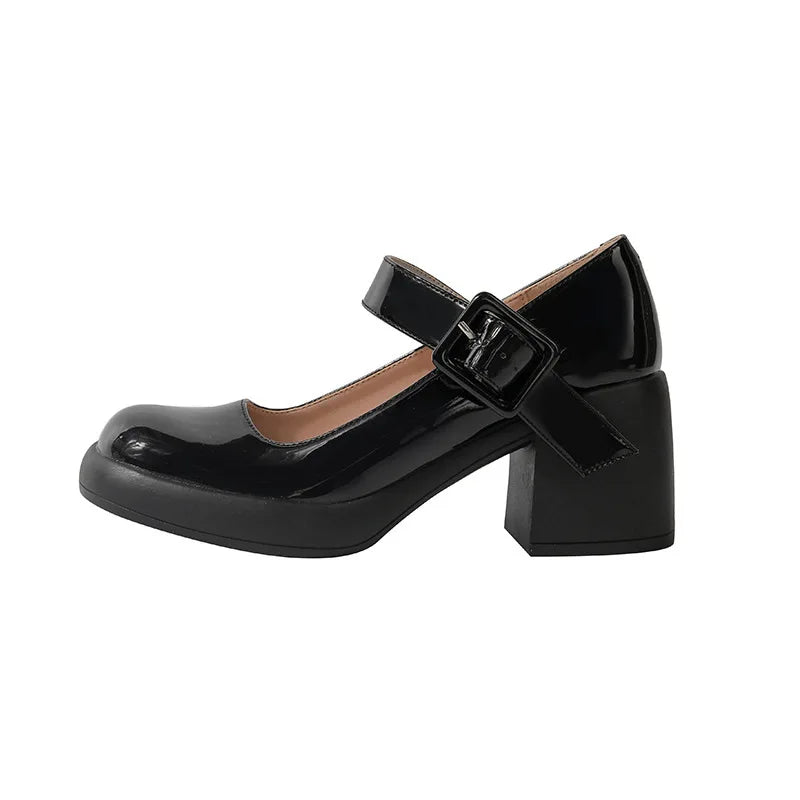 High Heels Word Belt Mary Jane Single Shoes Thick Heel Light Mouth Buckle High Heel Leather Shoes