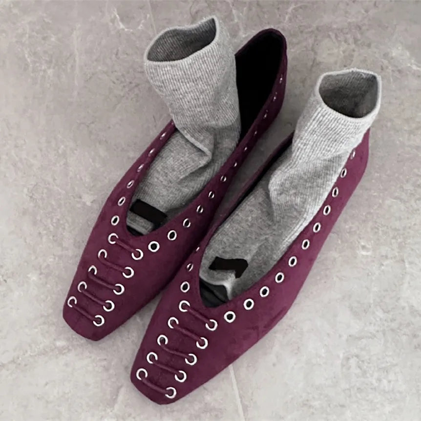 High Quality Faux Suede Flat Mary Jane Shoes Rivets Lace Up Brand Shoes Comfortable Soft Sole Office Shoe