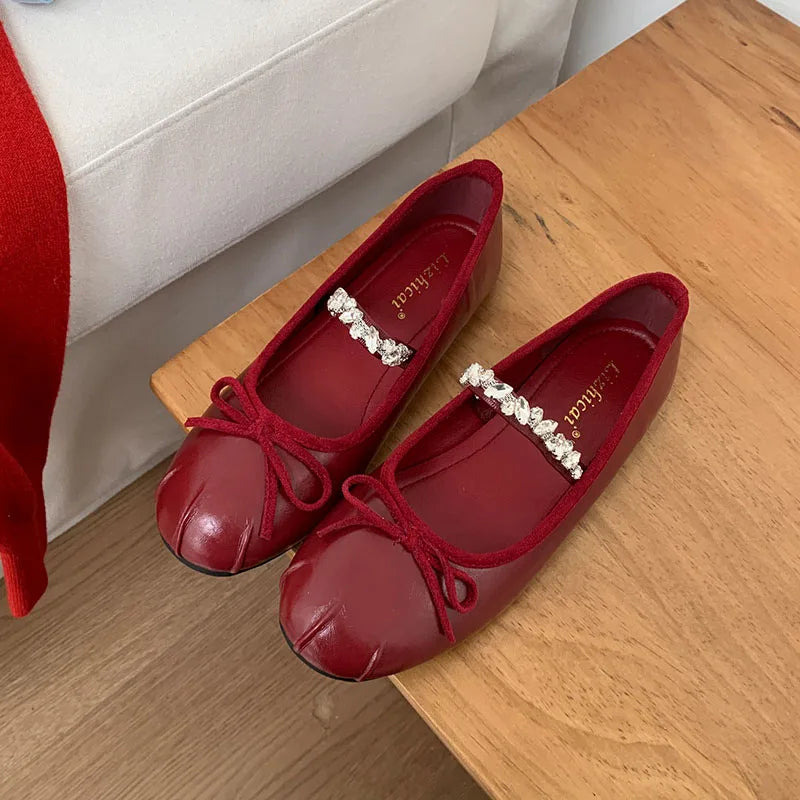 Pink Rhinestones Mary Janes Flats Lolita Shoes Soft Round Toe Footwear Shallow Ballet Flats Shoes