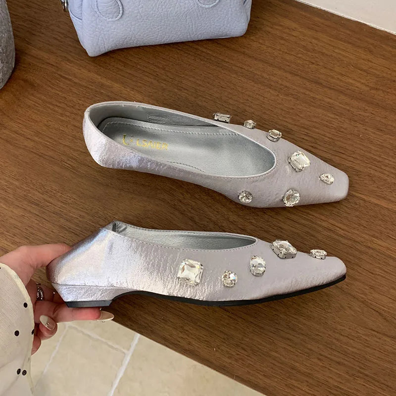 Pink Rhinestones Silk Flats With Shoes Soft Shallow Footwear Crystal Slip On Flats Shoes