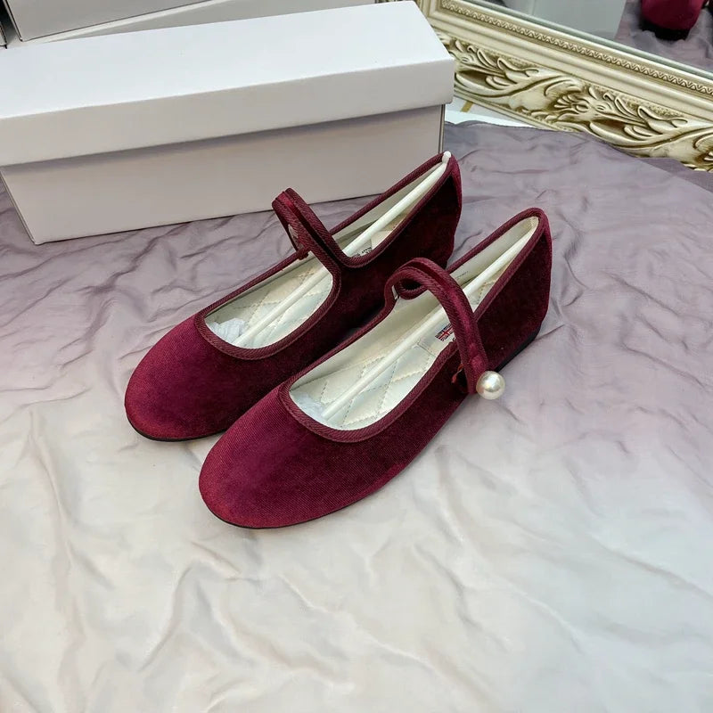 Retro Purple Burgundy Satin Pearl Velvet Mary Jane Flat Shoes