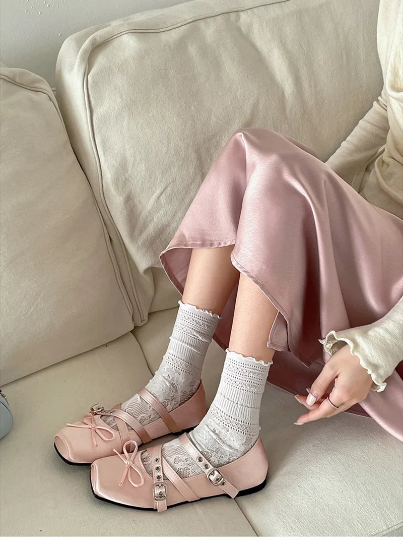 Butterfly-knot Flat Mary Jane Comfort Soft Sole Elegnat Square Toe Dress Ballets Shoes