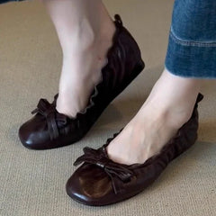 Red Bow Pleated Design Brand Ballet Flat Shoes Retro Round Toe Shallow Mary Jane Shoes Comfortable Moccasin