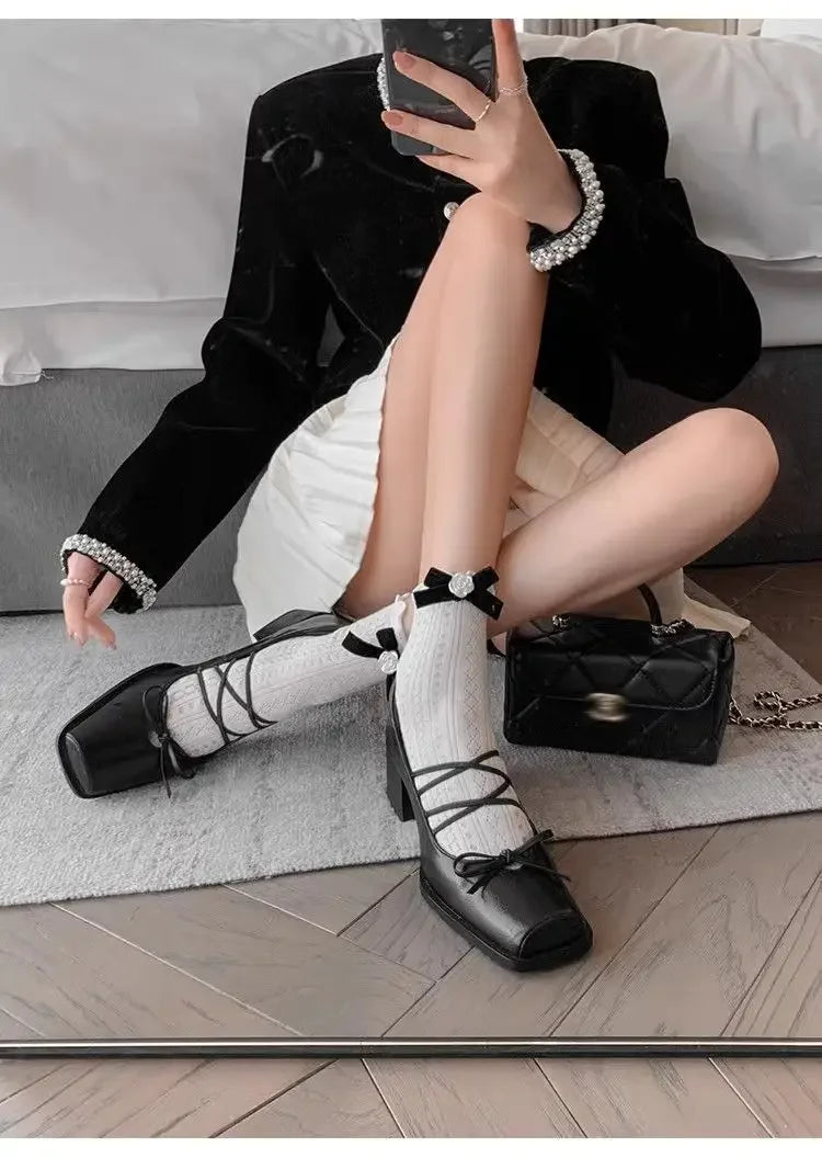 Mary Jane Flat Heels Retro Style Shoes Sweet Cool Butterfly Knot High Heels Comfortable Rubber