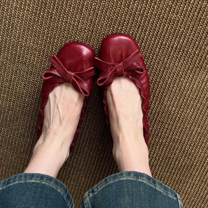 Red Bow Pleated Design Brand Ballet Flat Shoes Retro Round Toe Shallow Mary Jane Shoes Comfortable Moccasin