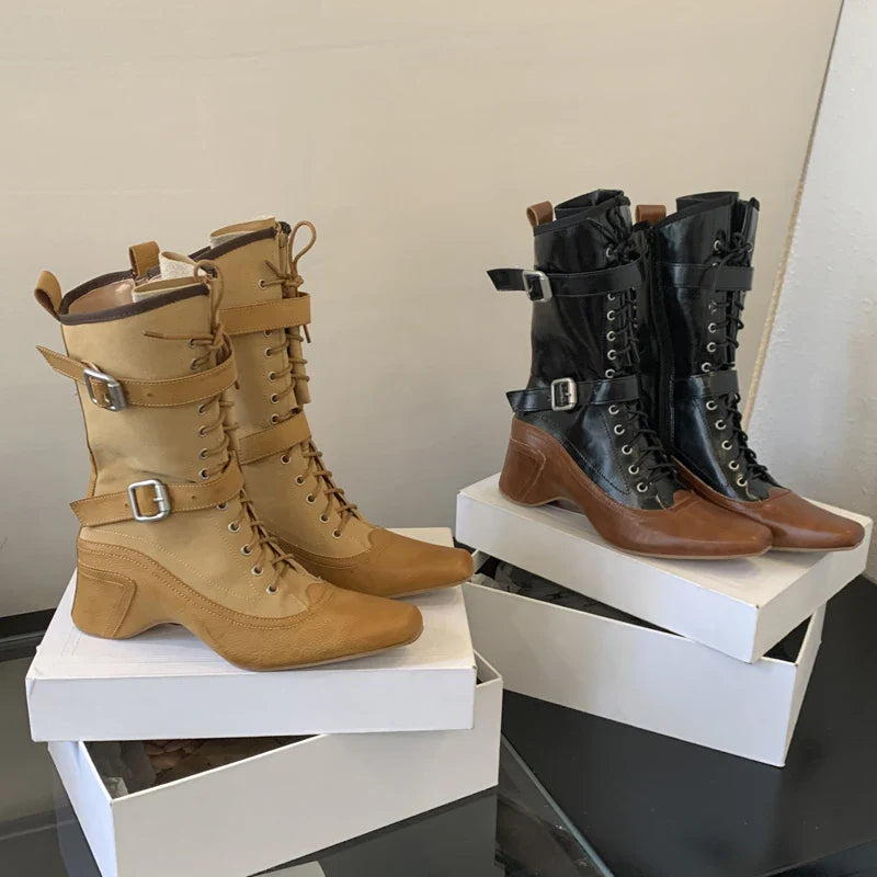 Yellow Cowboy Boots Lace Up Belt Buckle Block Heels Mid-calf Western Boots Vintage Shoes Black Botas Mujer