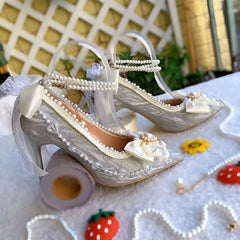 Original Handmade Lolita Shoes Flower Wedding Gorgeous High Heels Loli Sparkling Pearl Bow Princess Pumps Wedding Shoes Bride