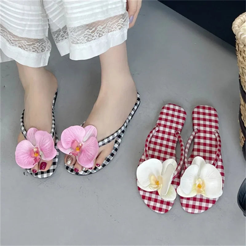 Design Flower Geometric Clip Toe Low Flat Heels Slippers Casual Flip Flops Party Shoes