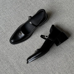 Shallow Mouthed Mary Jane Shoes Thick Heel with A Single Button Leather Shoes Metal Decorative Leisure Flat Shoes