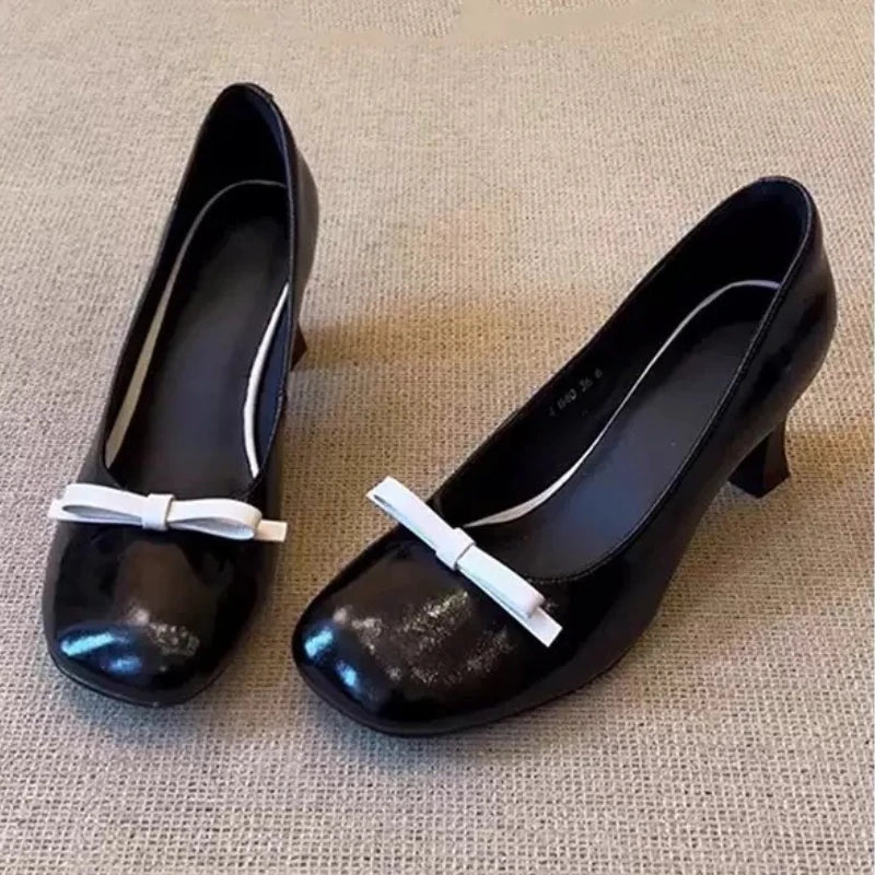 Retro Bowknot High Heeled Mary Jane Shallow Comfort Round Toe Elegant Office Shoes Talons Femme