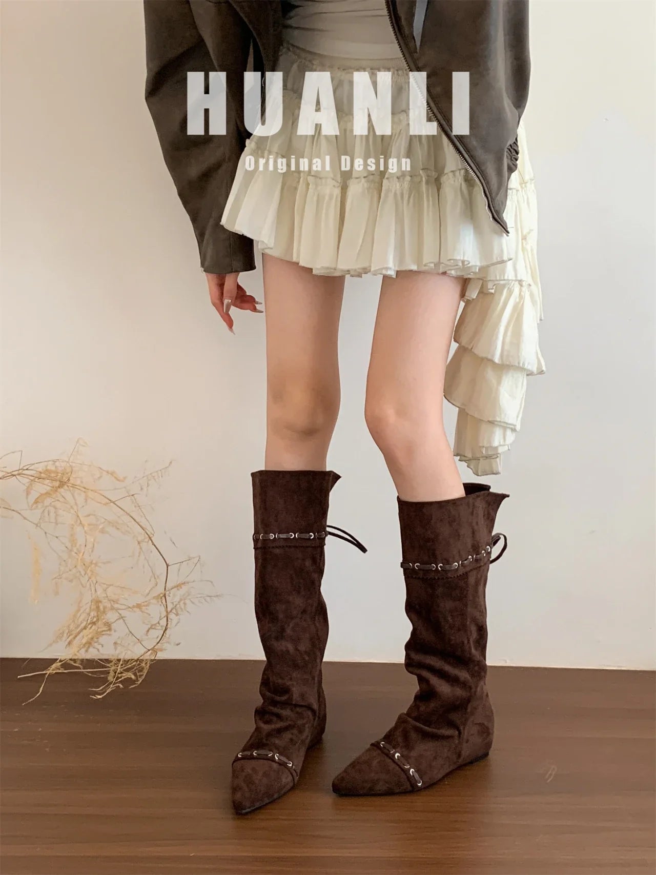 Knee High Boots Pointed Toe Flats Shoes Suede Chelsea Boots Walking Mujer Botas