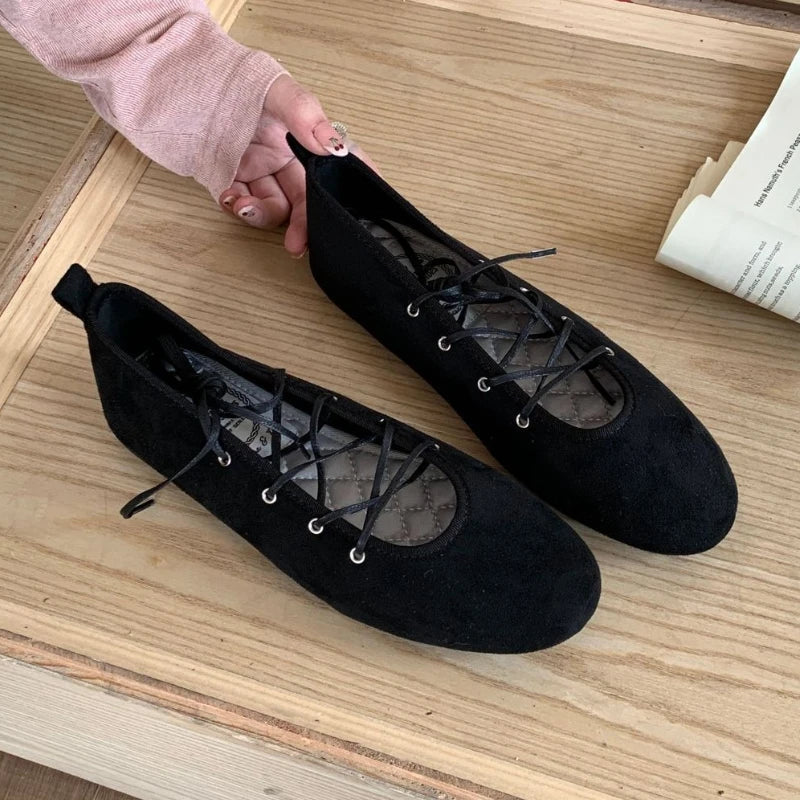 Cross Tied Round Toe Flat Shoes Retro Comfort Shallow Ballet Style Elegant Mary Jane Shoes