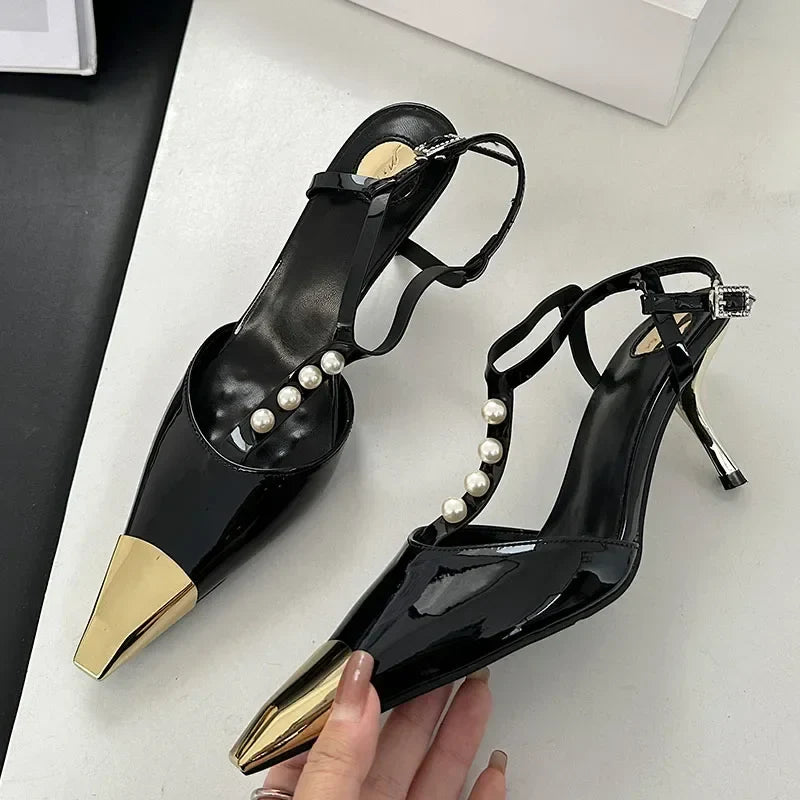 Metal Pointed Toe Thin High Heels T-Strap Pearl Elegant Party Pumps Sandals