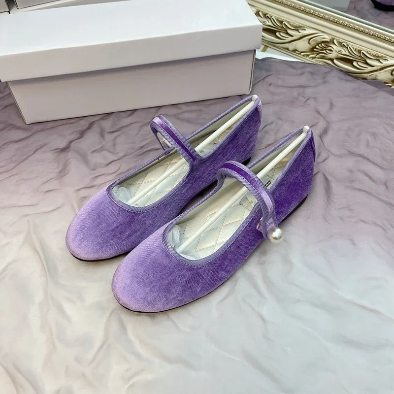 Retro Purple Burgundy Satin Pearl Velvet Mary Jane Flat Shoes