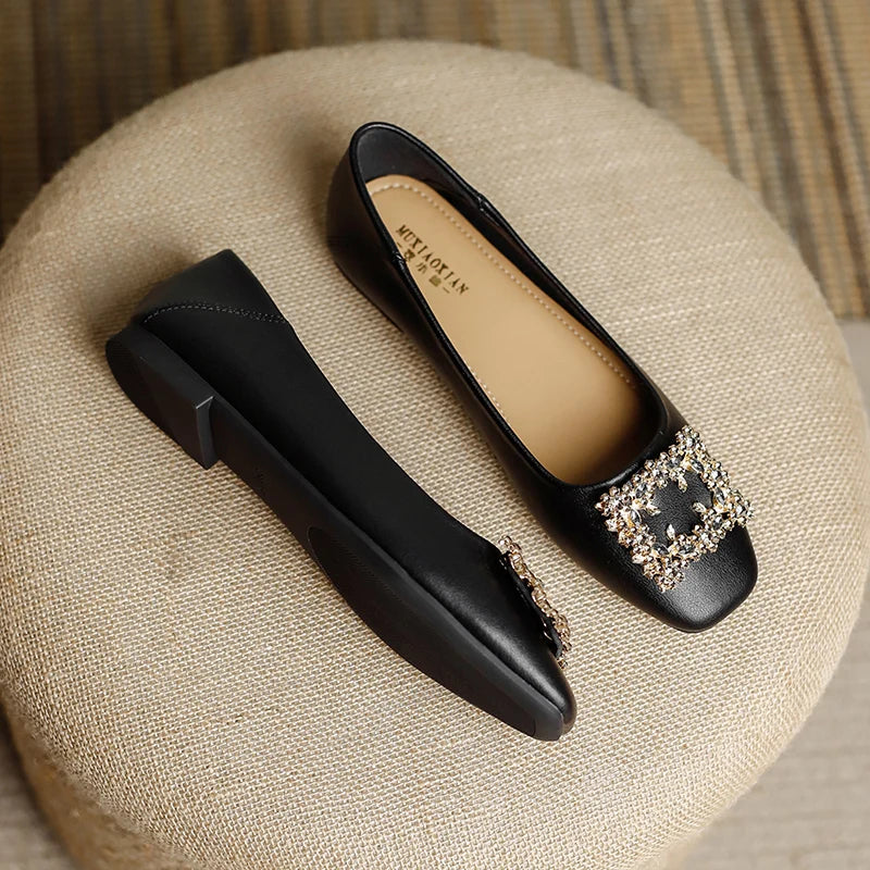 Rhinestone Lace square buckle Square Closed Toe Slip On Flat Shoes Solid