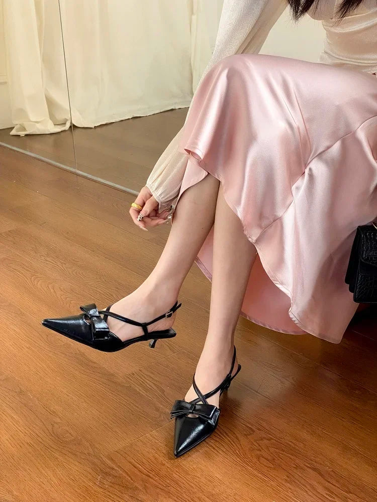 Butterfly-knot Buckle Strap Pumps Woman Elegant Pointed Toe Thin Low Heels