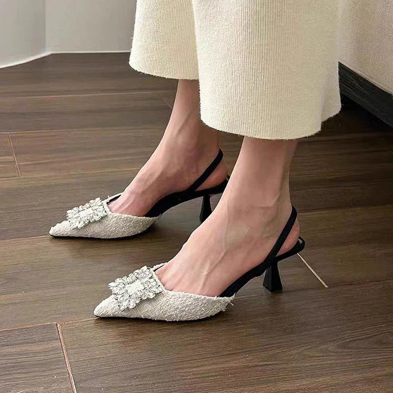 Square Rhinestone Mid Heels Pumps