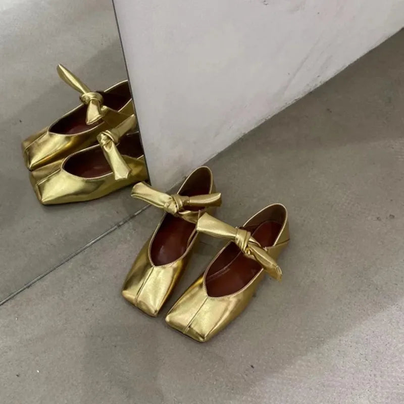 Square Toe Lace-up Shiny Mary Jane Flats Stylish French Flat Silver Shallow One-strap Shoes