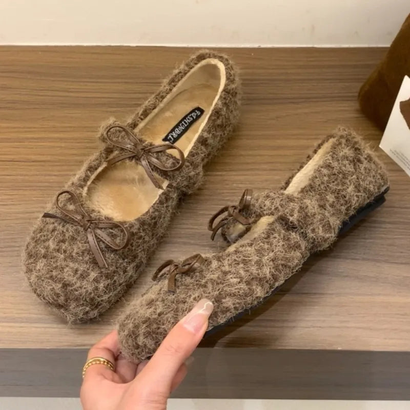 Elegant Purple Fluffy Warm Ballet Flats Fall Bow Design Flat Loafers Comfortable Soft Sole Mary Jane Shoes