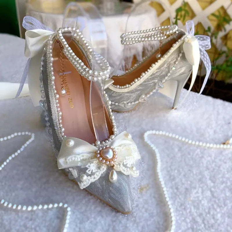 Original Handmade Lolita Shoes Flower Wedding Gorgeous High Heels Loli Sparkling Pearl Bow Princess Pumps Wedding Shoes Bride
