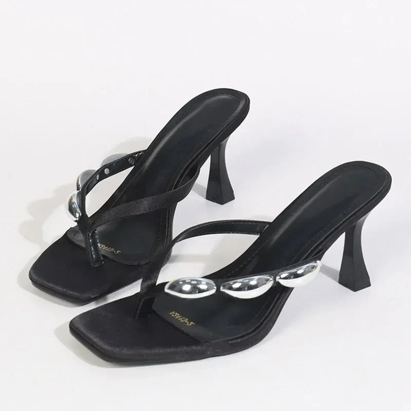 Metal Narrow Band Flip Flops Slippers Party Low Heels Gladiator Slide Sandals Mules Shoes