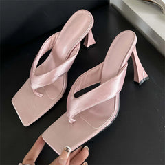 Square Clip Toe Slippers High Heels Casual Slides Sandals Flip Flops Shoes