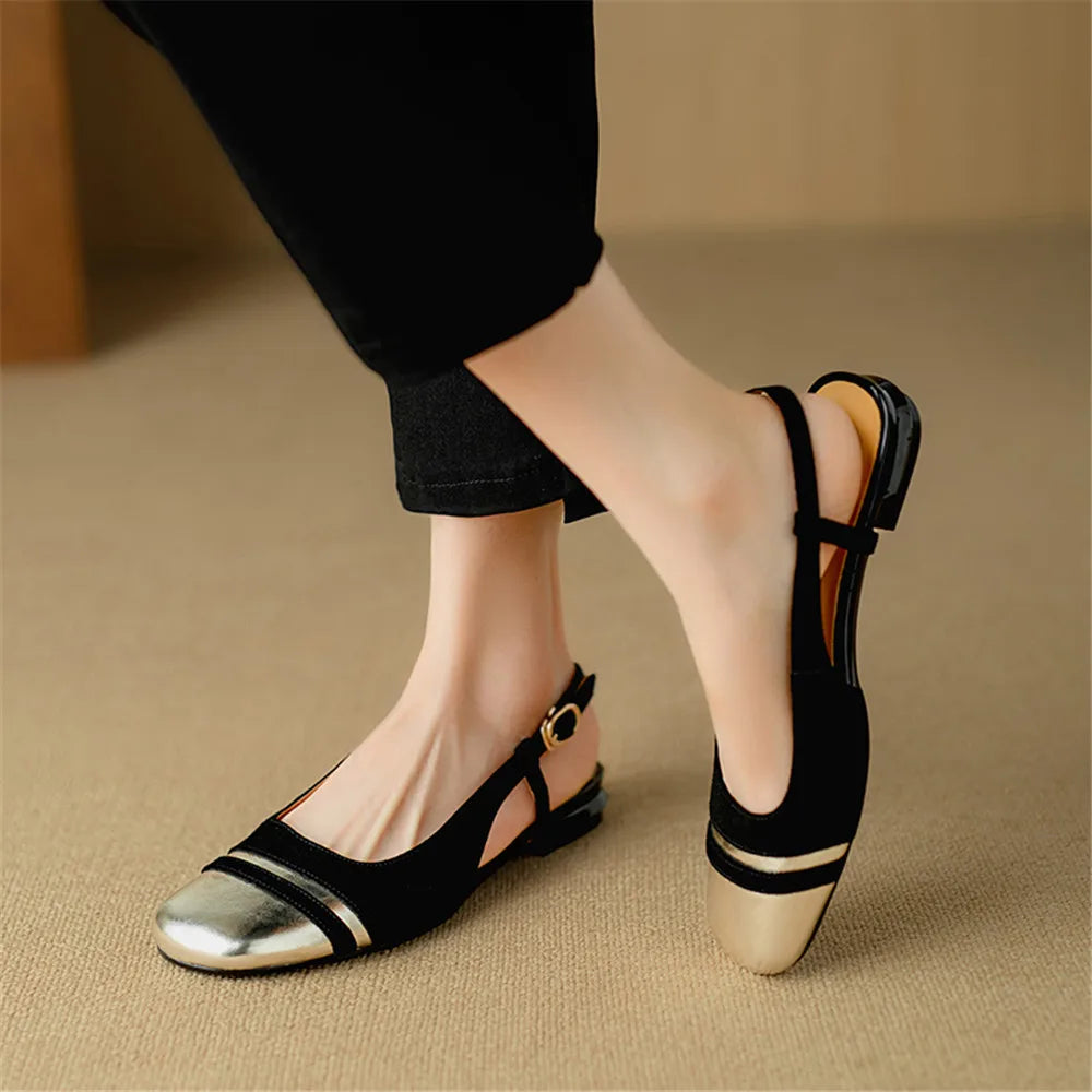 Classic Design Cow Leather Flats Shoes Slingbacks Comfort Woman Round Toe Flats Shoes
